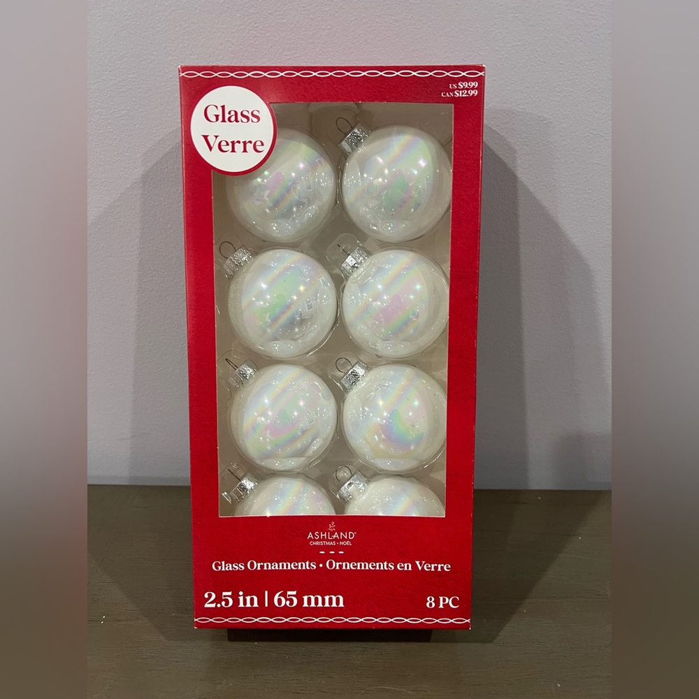 Ashland White Glass Ornaments - set of 8 - 2.5”